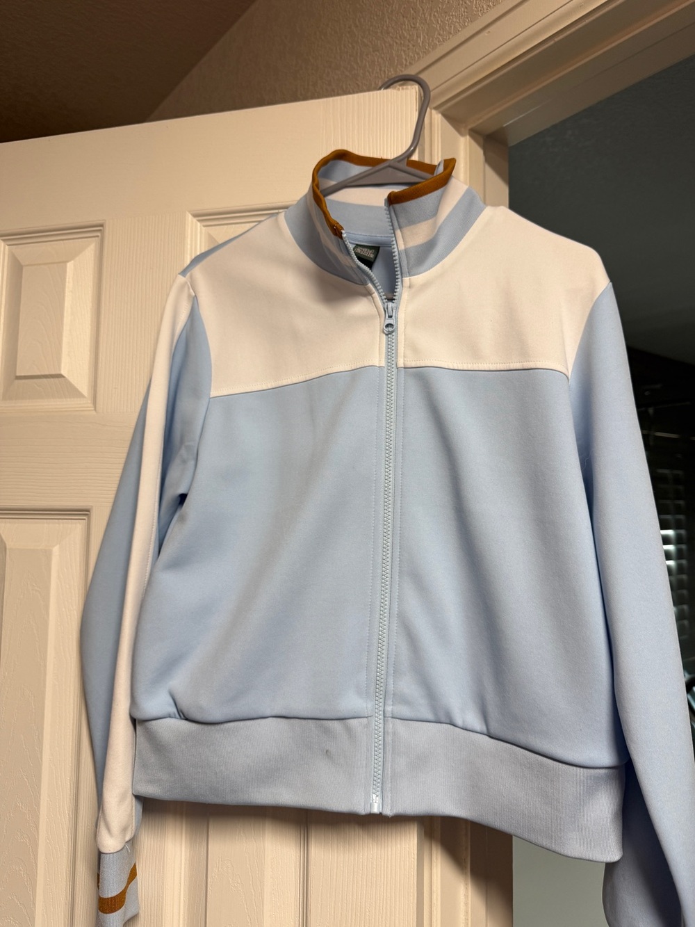 Wild Fable (Target) Light Blue and White Bomber Jacket with Gold Trim on Cuffs